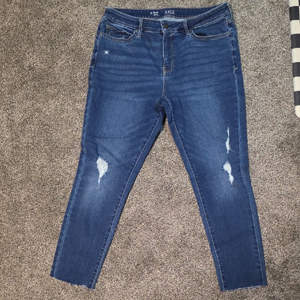 a.n.a Deep Blue Skinny Jeans with Ripped Accents